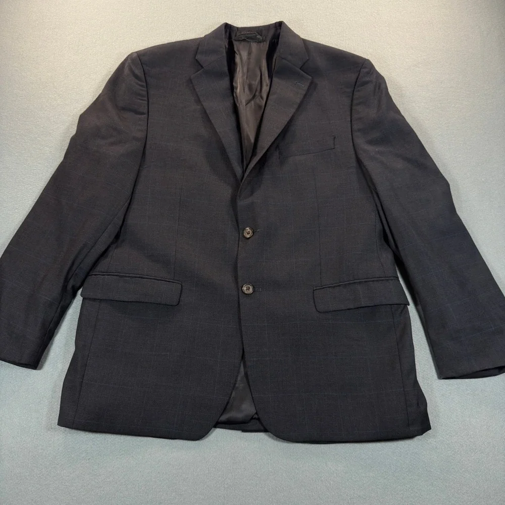 Lauren Ralph Lauren Mens 44R Navy Blue Windowpane‎ 100% Wool Blazer Sport Coat